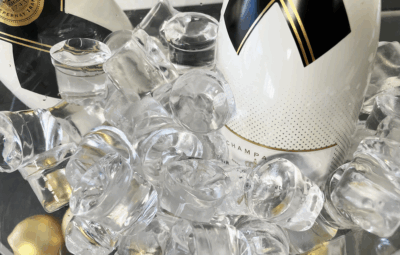 Scotsman Gourmet Supercube ice in an ice bucket with Moet Champagne