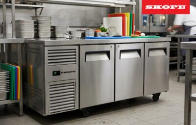 SKOPE 3 door undercounter fridge in a commercial kitchen