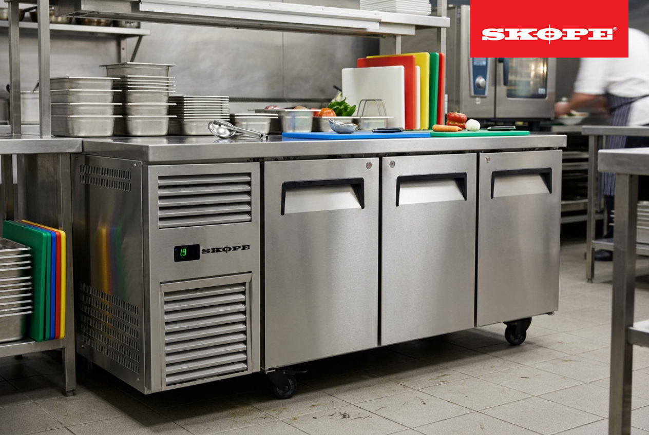 SKOPE 3 door undercounter fridge in a commercial kitchen