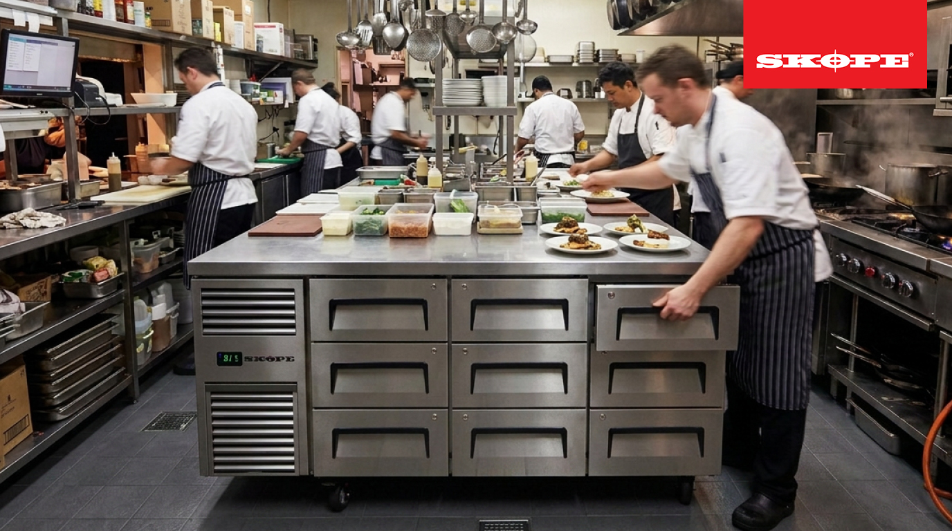 SKOPE ReFlex nine draw undercounter refrigerator in a busy kitchen