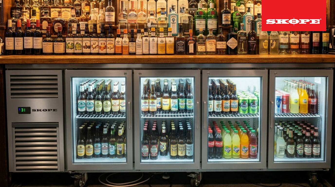 SKOPE ReFlex four-glass-door undercounter fridge in a bar stocked with bottles