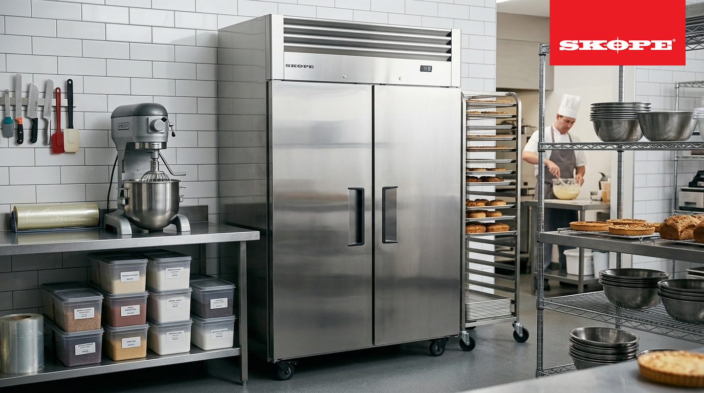 SKOPE ReFlex two door upright fridge in a bakery kitchen